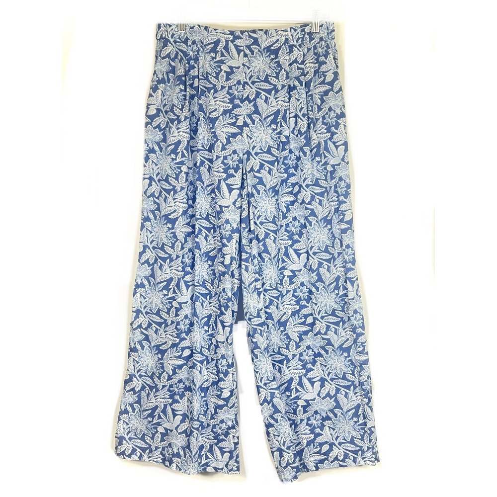 J.MCLAUGHLIN Cara Wide Leg Pants Size Medium Blue White Floral Print 100% Cotton